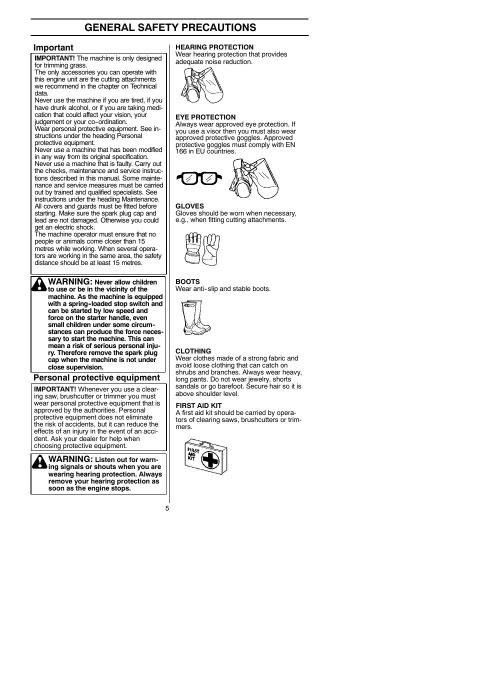 General safety precautions, Personal protective equipment warning, Important | Warning | Husqvarna 125LDx User Manual | Page 5 / 23