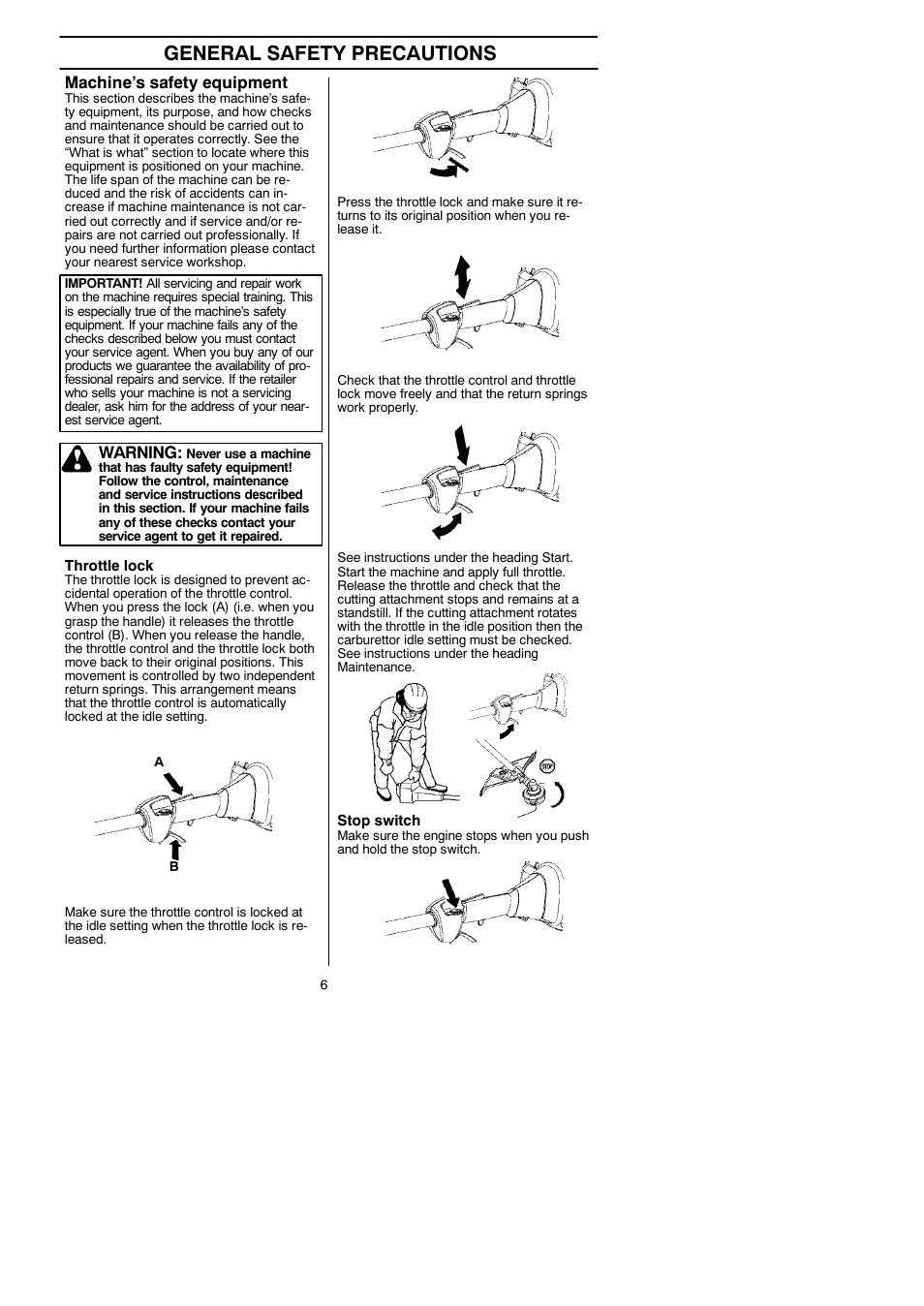 General safety precautions, Machine’s safety equipment, Warning | Husqvarna 125LDx User Manual | Page 6 / 23