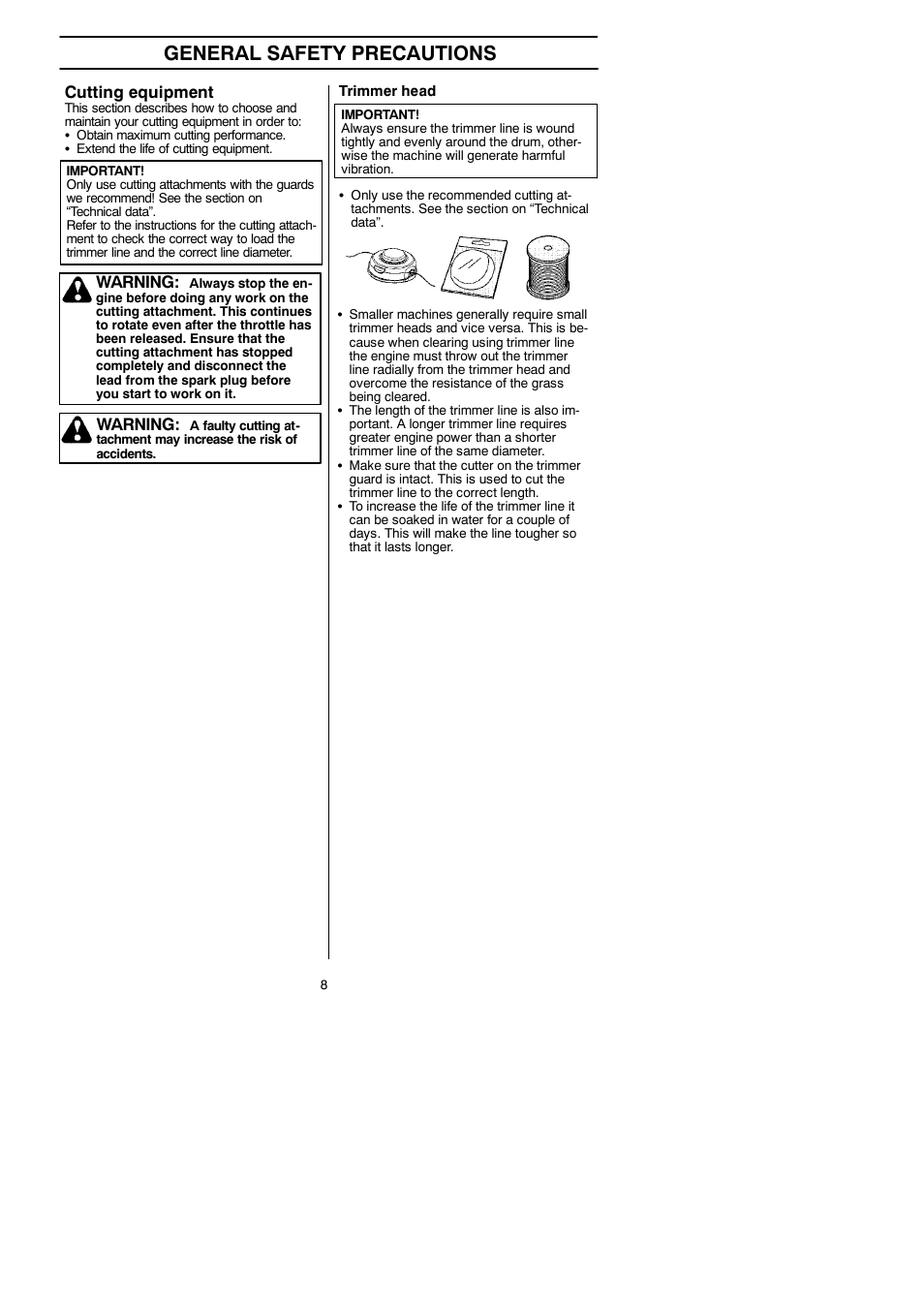 General safety precautions, Cutting equipment, Warning | Husqvarna 125LDx User Manual | Page 8 / 23