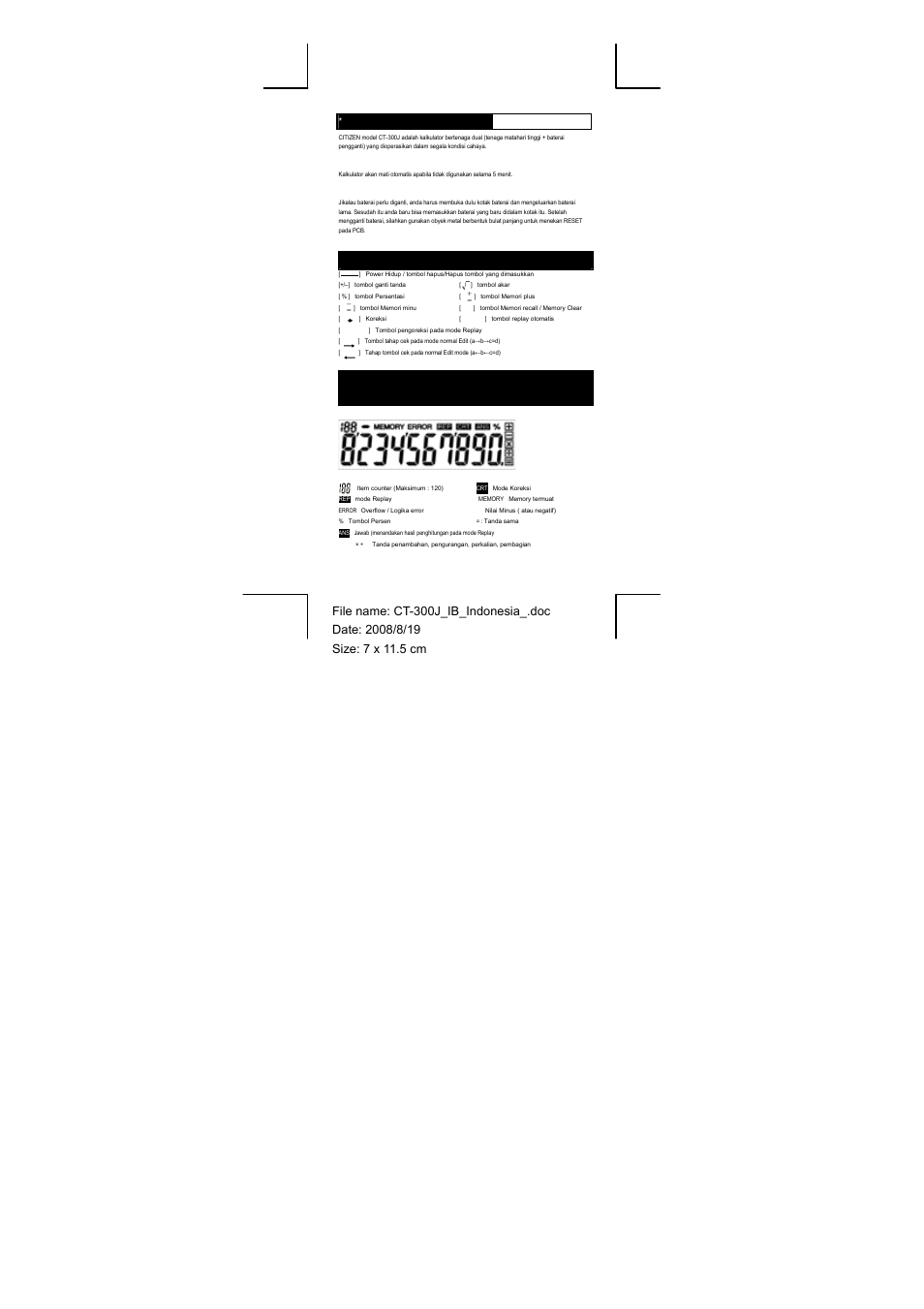 Power suplai, Bahasaindonesia | CITIZEN CT-300J User Manual | Page 13 / 24