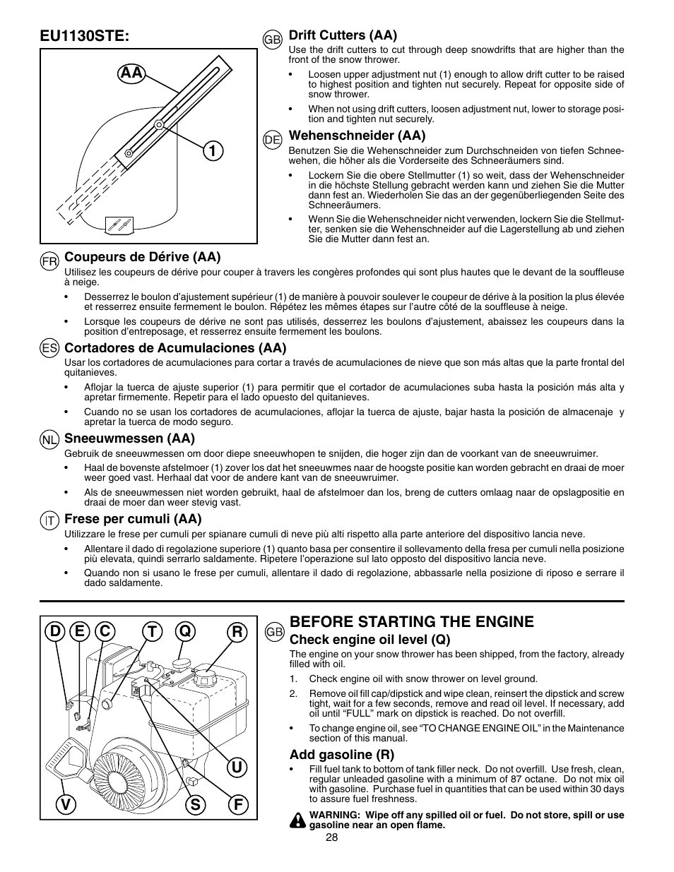 Before starting the engine, Eu1130ste | Husqvarna EU8024STE User Manual | Page 28 / 60