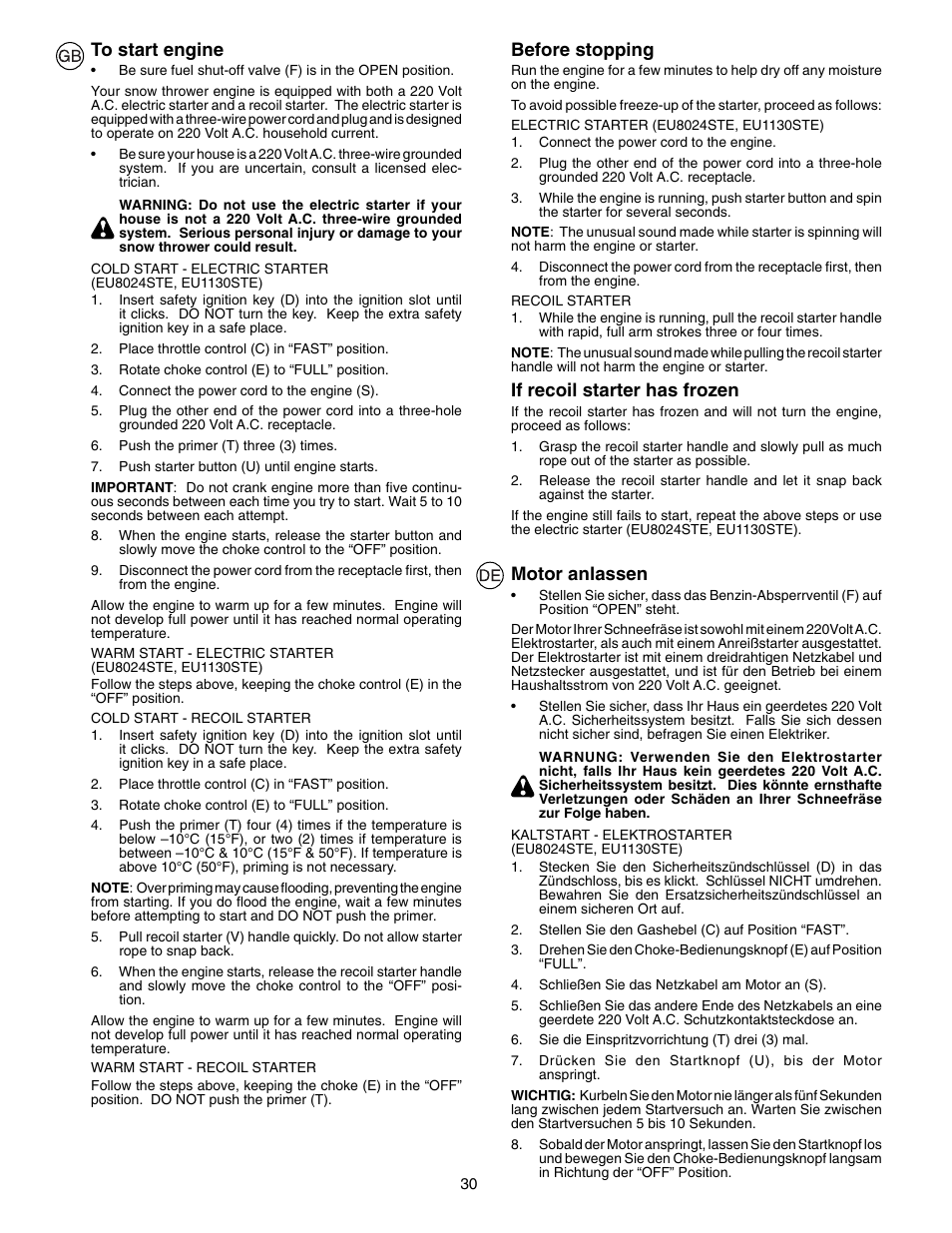 Before stopping, If recoil starter has frozen, Motor anlassen | Husqvarna EU8024STE User Manual | Page 30 / 60