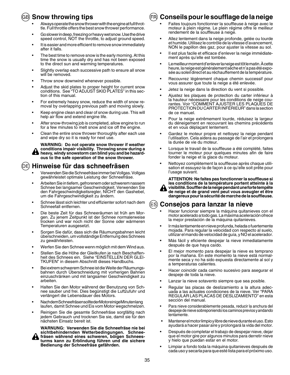 Conseils pour le souffl age de la neige, Consejos para lanzar la nieve, Snow throwing tips | Hinweise für das schneefräsen | Husqvarna EU8024STE User Manual | Page 35 / 60