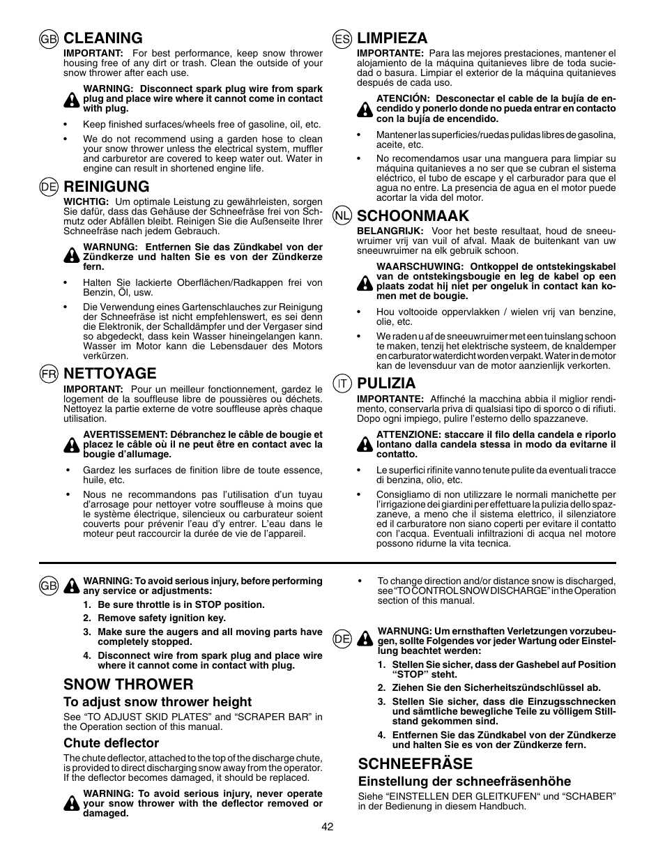 Limpieza, Schoonmaak, Pulizia | Cleaning, Reinigung, Nettoyage, Snow thrower, Schneefräse | Husqvarna EU8024STE User Manual | Page 42 / 60
