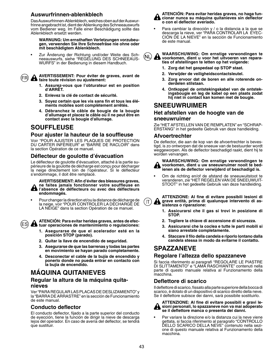 Souffleuse, Máquina quitanieves, Sneeuwruimer | Spazzaneve | Husqvarna EU8024STE User Manual | Page 43 / 60