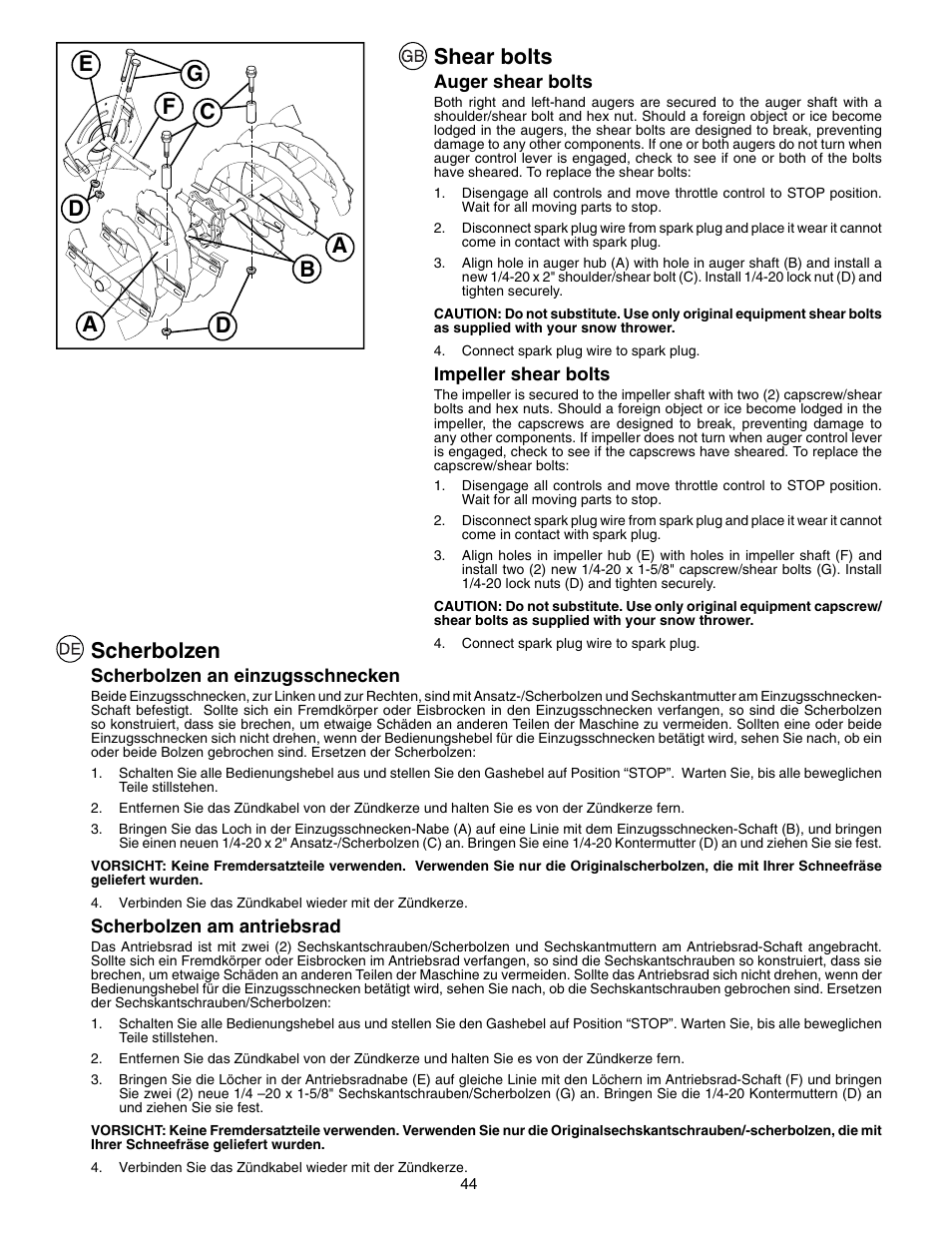 Shear bolts, Scherbolzen | Husqvarna EU8024STE User Manual | Page 44 / 60