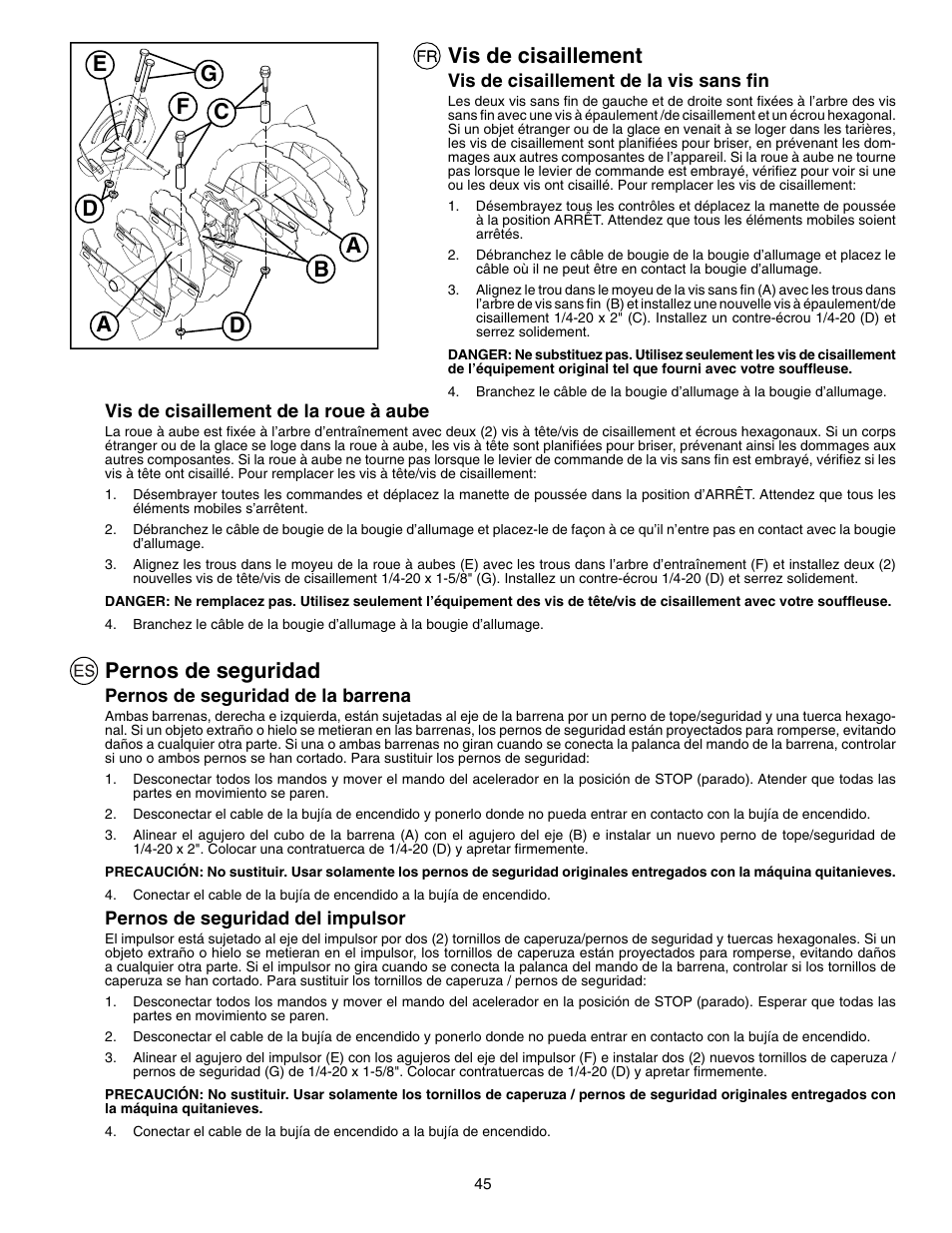 Pernos de seguridad, Vis de cisaillement | Husqvarna EU8024STE User Manual | Page 45 / 60