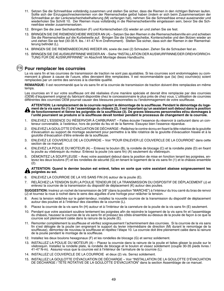 Pour remplacer les courroies | Husqvarna EU8024STE User Manual | Page 49 / 60