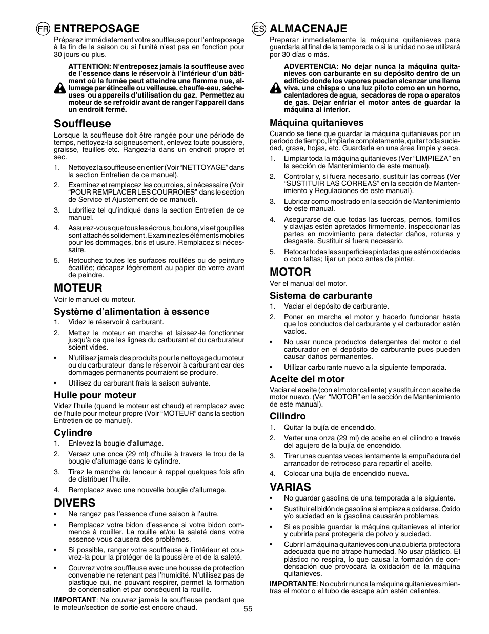 Entreposage, Souffl euse, Moteur | Divers, Almacenaje, Motor, Varias | Husqvarna EU8024STE User Manual | Page 55 / 60