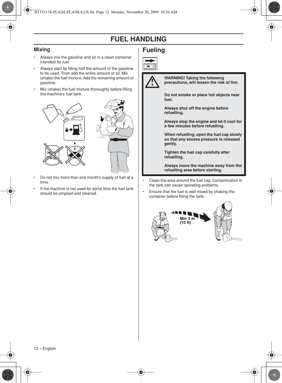 Mixing, Fueling, Fuel handling | Husqvarna 430LS User Manual | Page 12 / 28