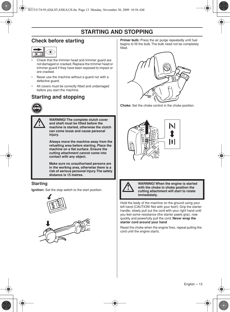 Check before starting, Starting and stopping, Starting | Husqvarna 430LS User Manual | Page 13 / 28