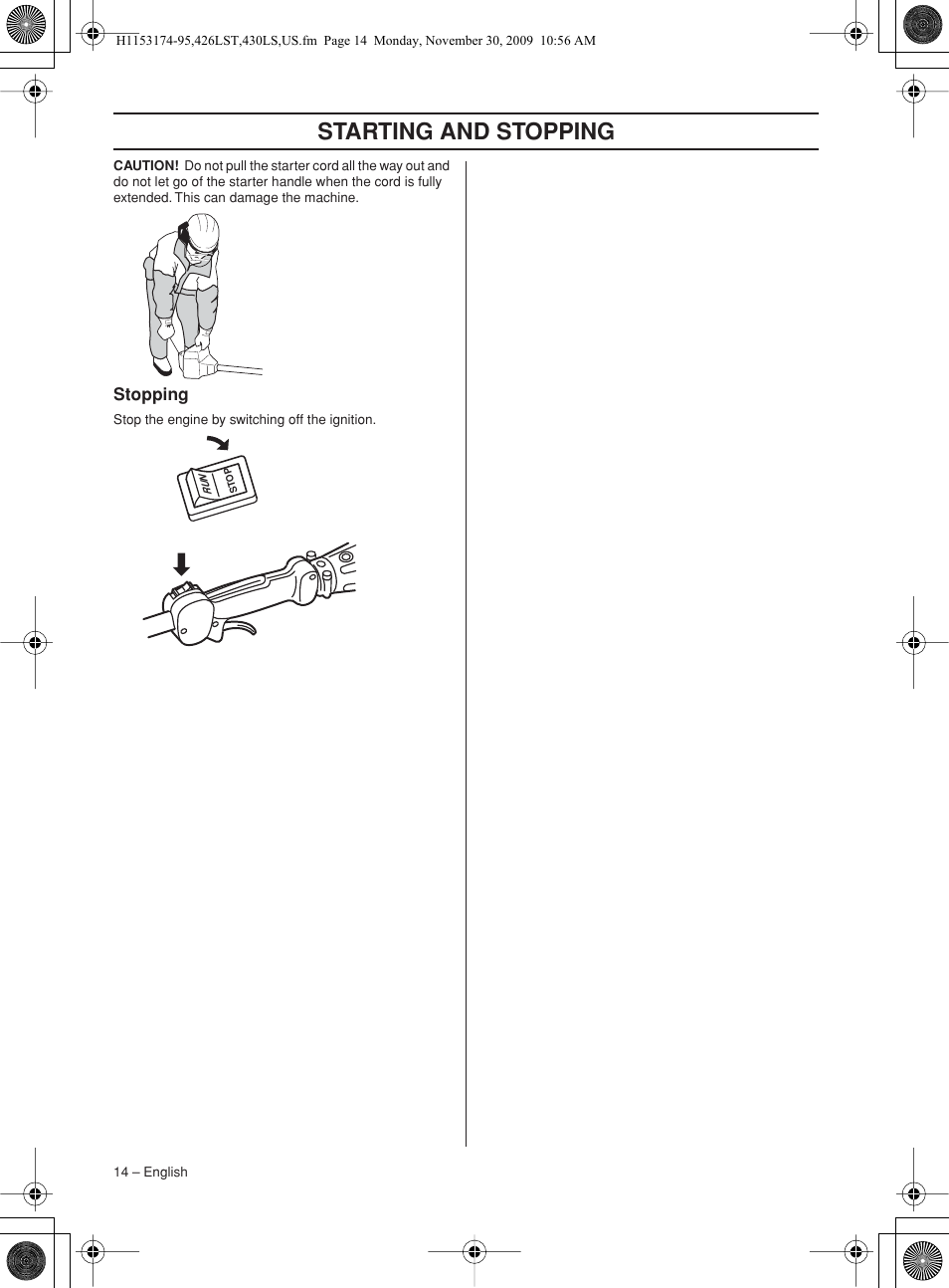 Stopping, Starting and stopping | Husqvarna 430LS User Manual | Page 14 / 28