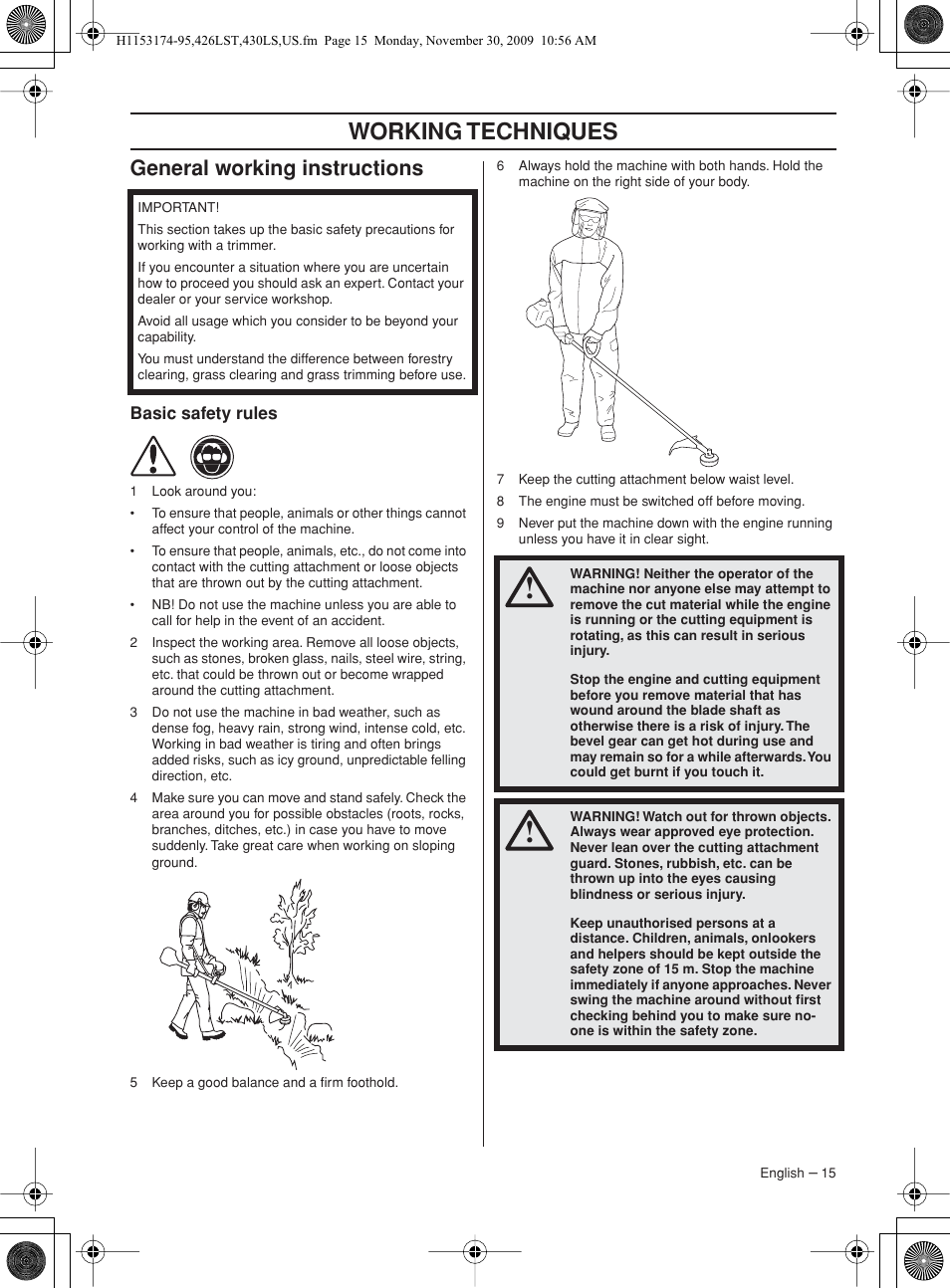 General working instructions, Basic safety rules, Working techniques | Husqvarna 430LS User Manual | Page 15 / 28