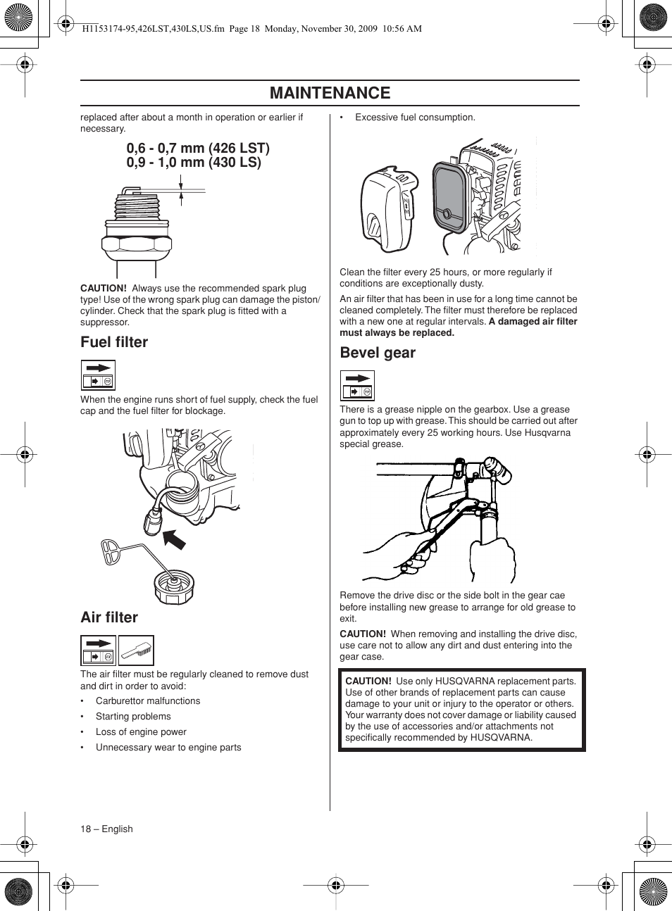 Fuel filter, Air filter, Bevel gear | Maintenance | Husqvarna 430LS User Manual | Page 18 / 28