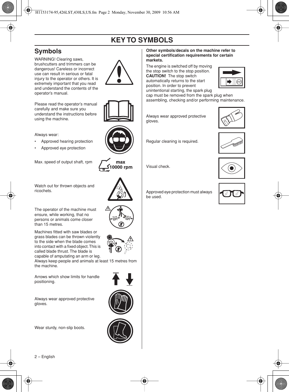 Symbols, Key t o symbols | Husqvarna 430LS User Manual | Page 2 / 28