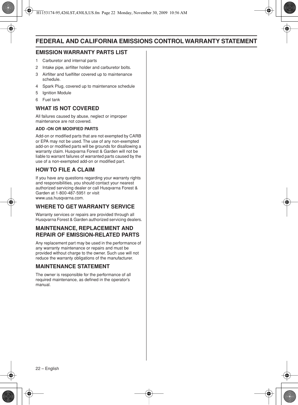 Emission warranty parts list, What is not covered, How to file a claim | Where to get warranty service, Maintenance statement | Husqvarna 430LS User Manual | Page 22 / 28