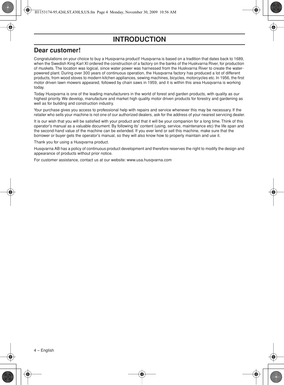 Dear customer, Intr oduction | Husqvarna 430LS User Manual | Page 4 / 28