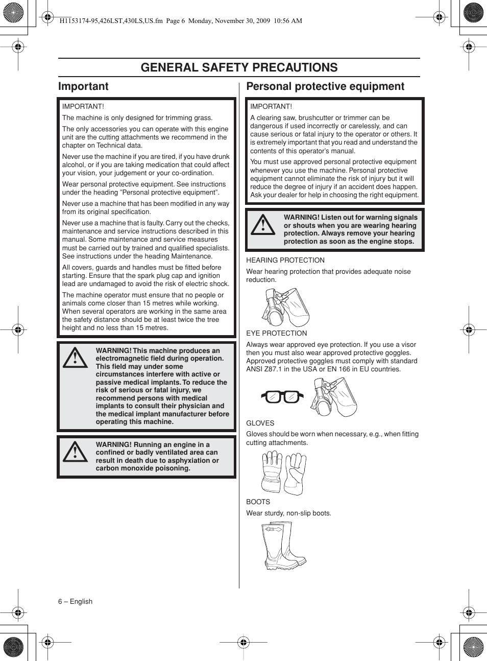 Important, Personal protective equipment, General safety preca utions | Impor tant personal protective equipment | Husqvarna 430LS User Manual | Page 6 / 28