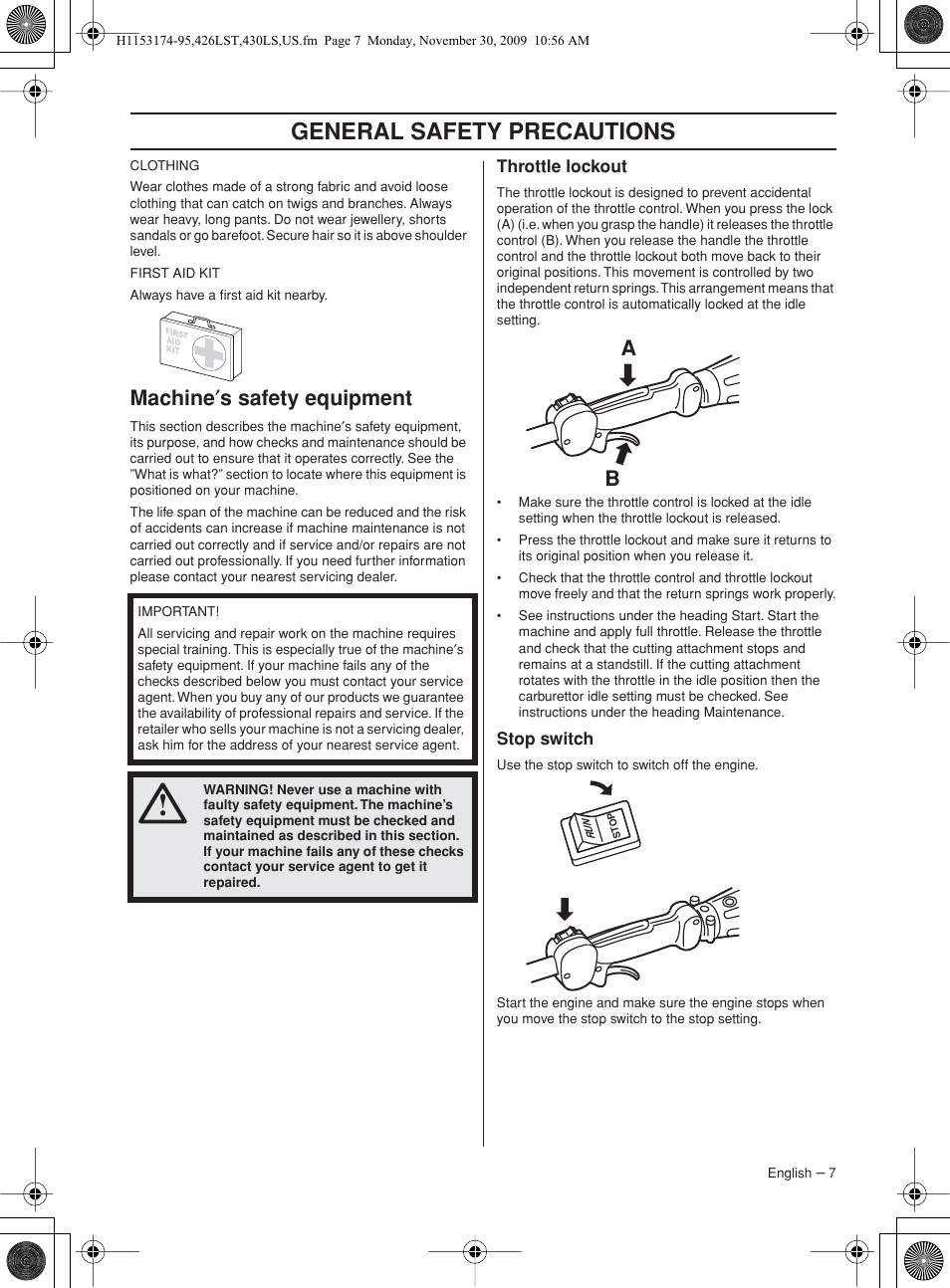 Machine¢s safety equipment, Throttle lockout, Stop switch | General safety preca utions, Mac hine ′ s safety equipment | Husqvarna 430LS User Manual | Page 7 / 28