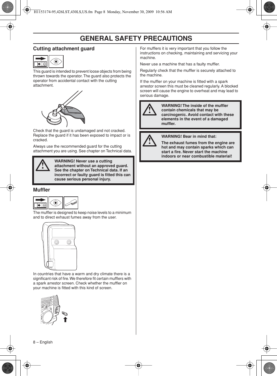 Cutting attachment guard, Muffler, General safety preca utions | Husqvarna 430LS User Manual | Page 8 / 28