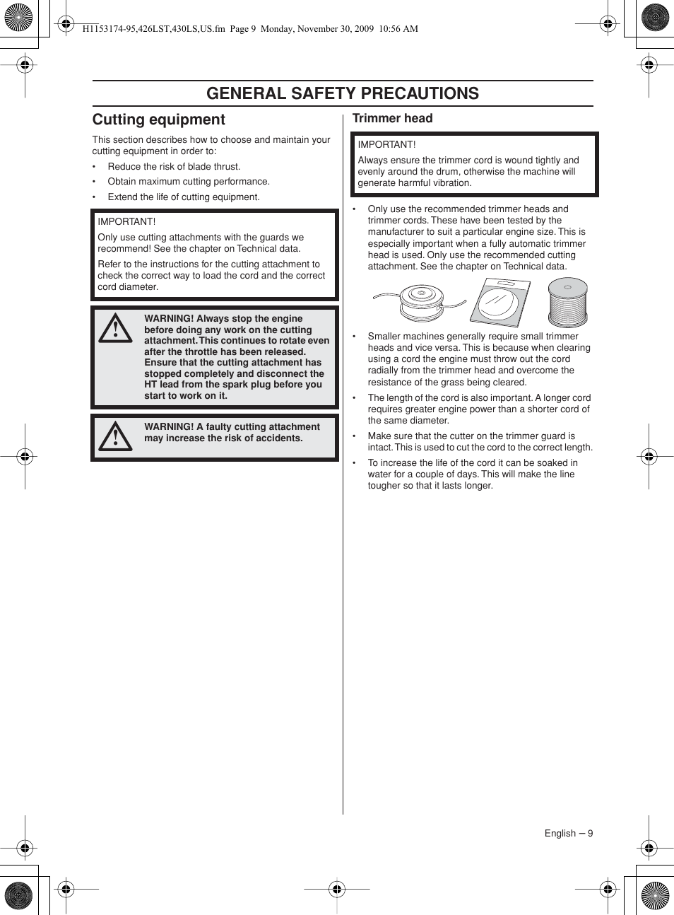 Cutting equipment, Trimmer head, General safety preca utions | Husqvarna 430LS User Manual | Page 9 / 28