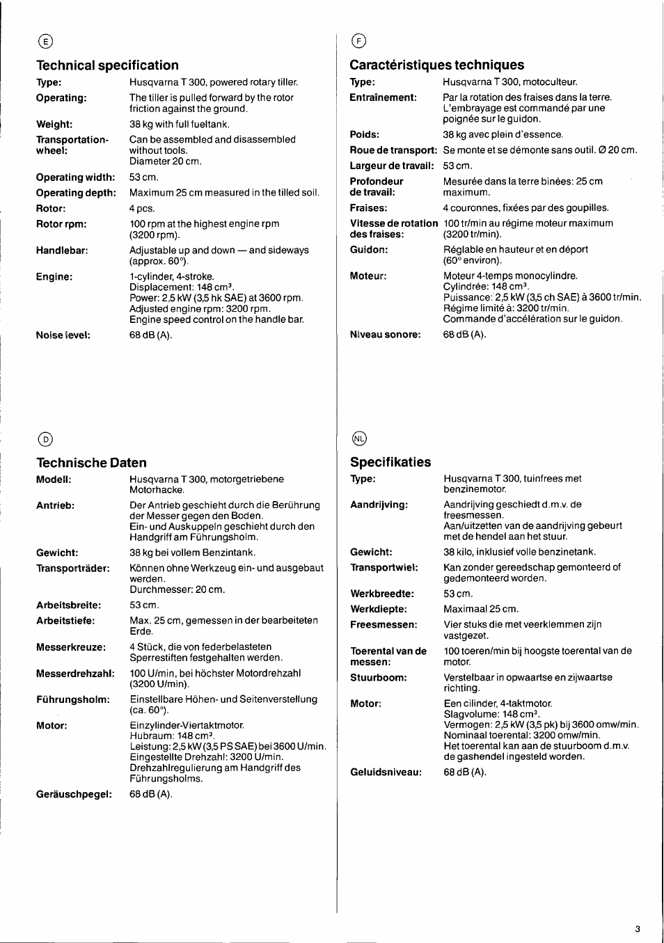 Caractéristiques techniques | Husqvarna T300 User Manual | Page 3 / 20