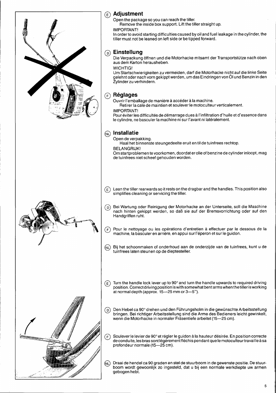 0 adjustment, 0 einstellung, 0 réglages | Installatie, Adjustment, Einstellung, Réglage | Husqvarna T300 User Manual | Page 5 / 20