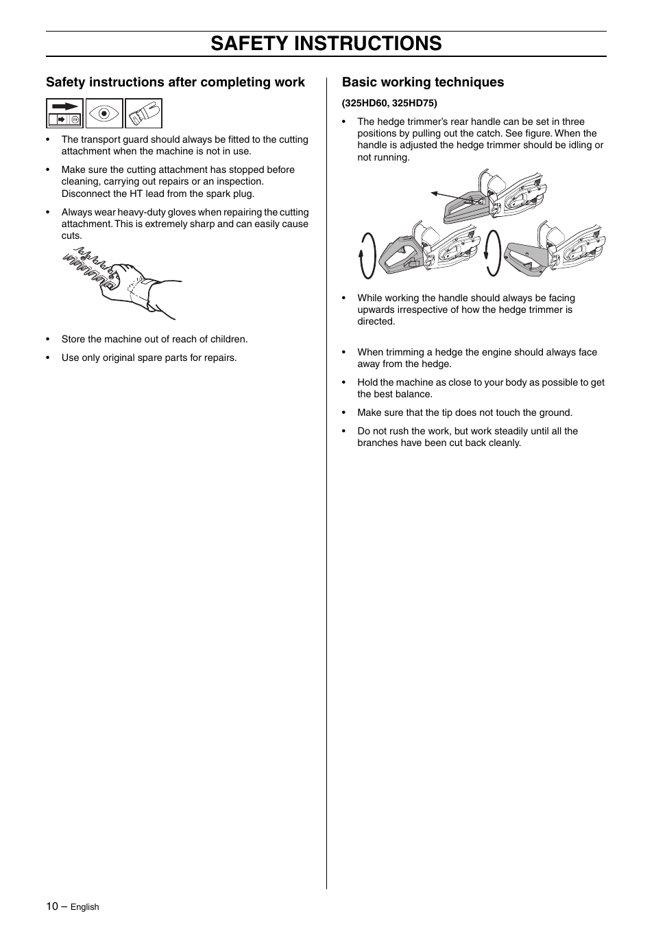 Safety instructions after completing work, Basic working techniques, Safety instructions | Husqvarna 325HD75X EN User Manual | Page 10 / 24
