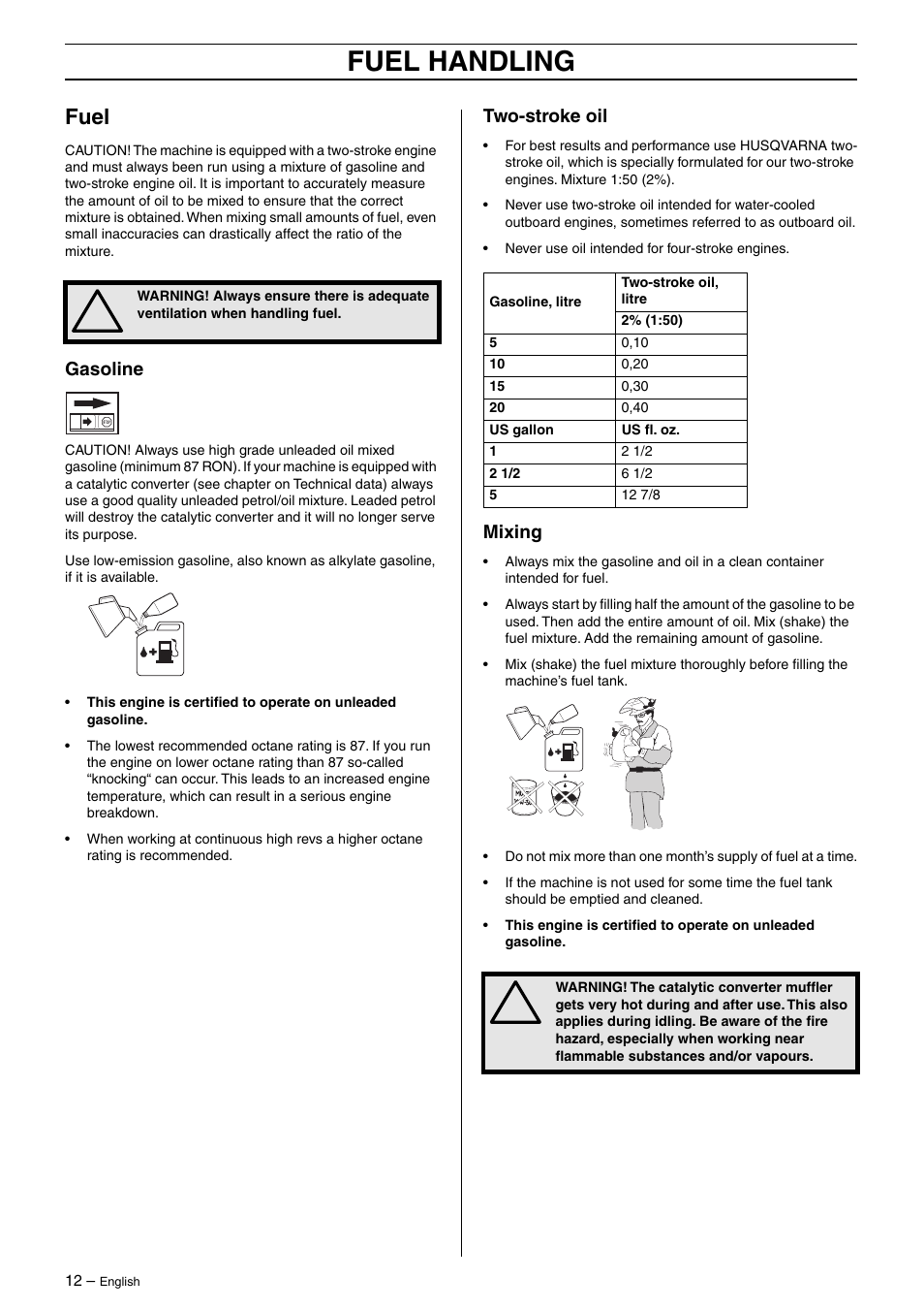 Fuel, Gasoline, Two-stroke oil | Mixing, Fuel handling | Husqvarna 325HD75X EN User Manual | Page 12 / 24
