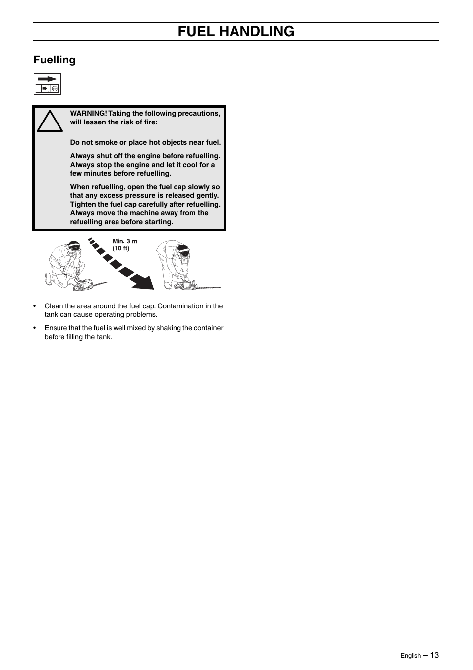 Fuelling, Fuel handling | Husqvarna 325HD75X EN User Manual | Page 13 / 24