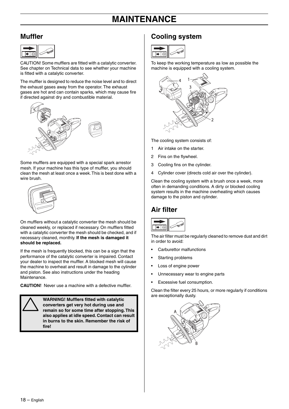 Muffler, Cooling system, Air filter | Maintenance | Husqvarna 325HD75X EN User Manual | Page 18 / 24