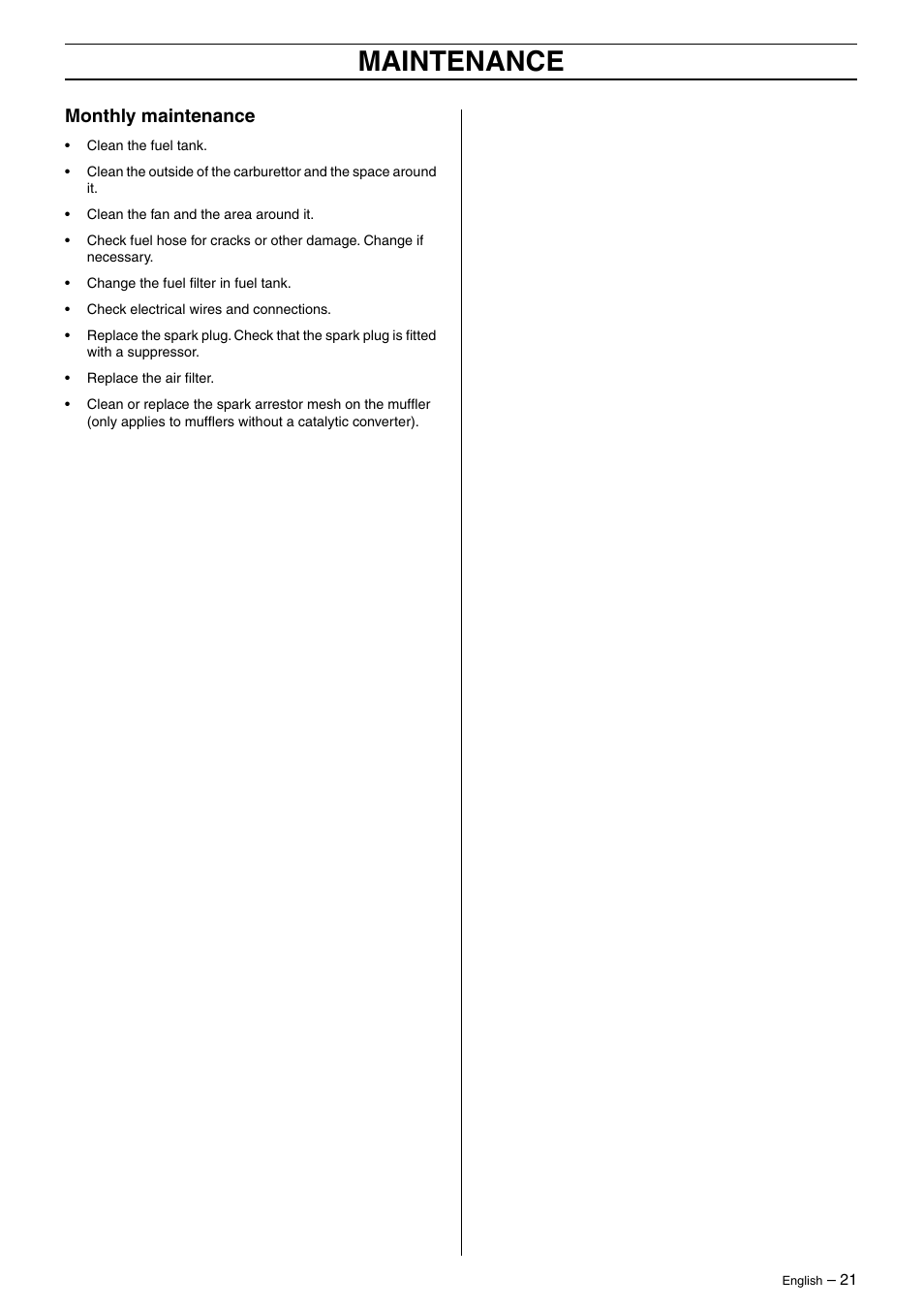 Monthly maintenance, Maintenance | Husqvarna 325HD75X EN User Manual | Page 21 / 24
