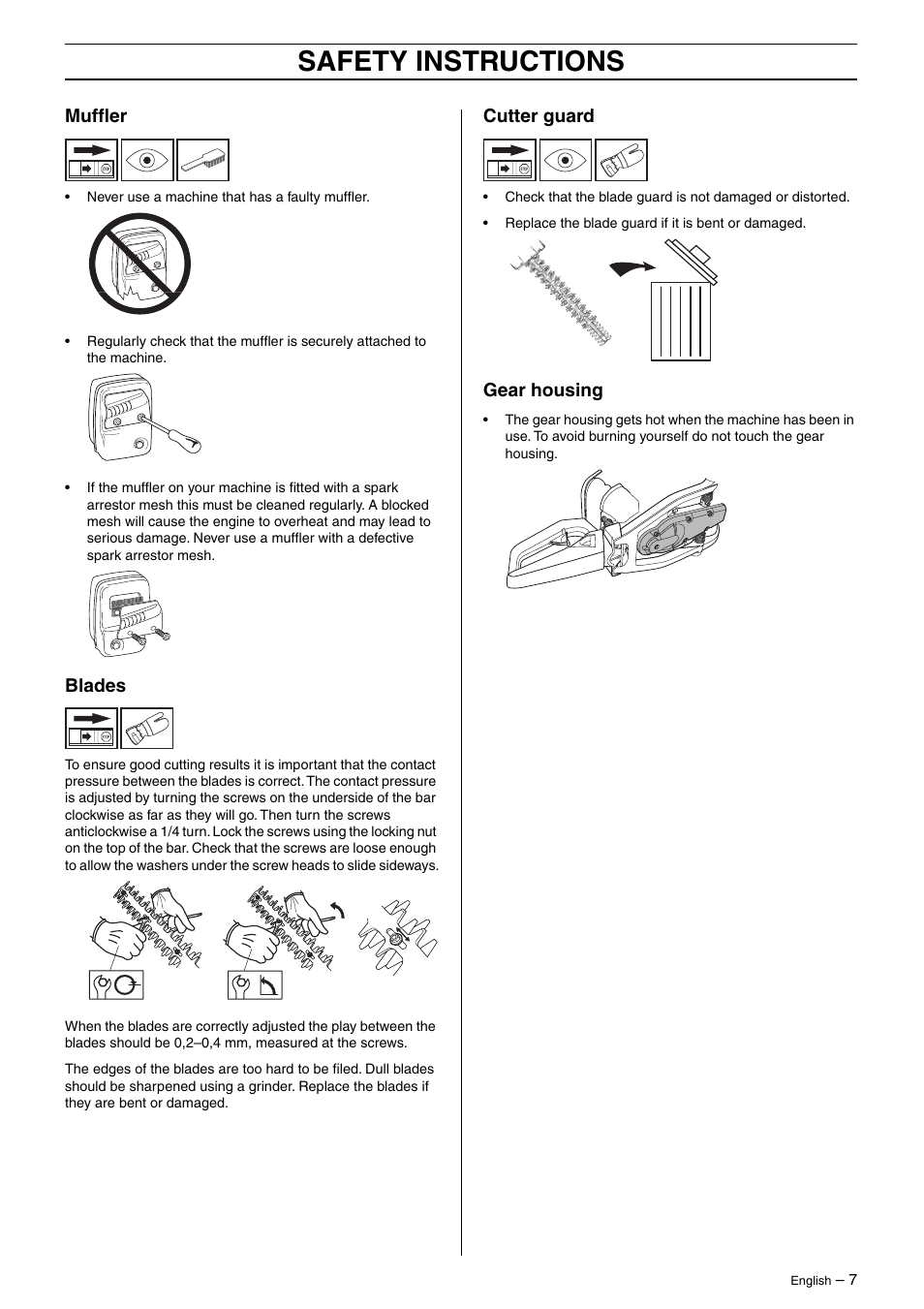 Muffler, Blades, Cutter guard | Gear housing, Safety instructions | Husqvarna 325HD75X EN User Manual | Page 7 / 24