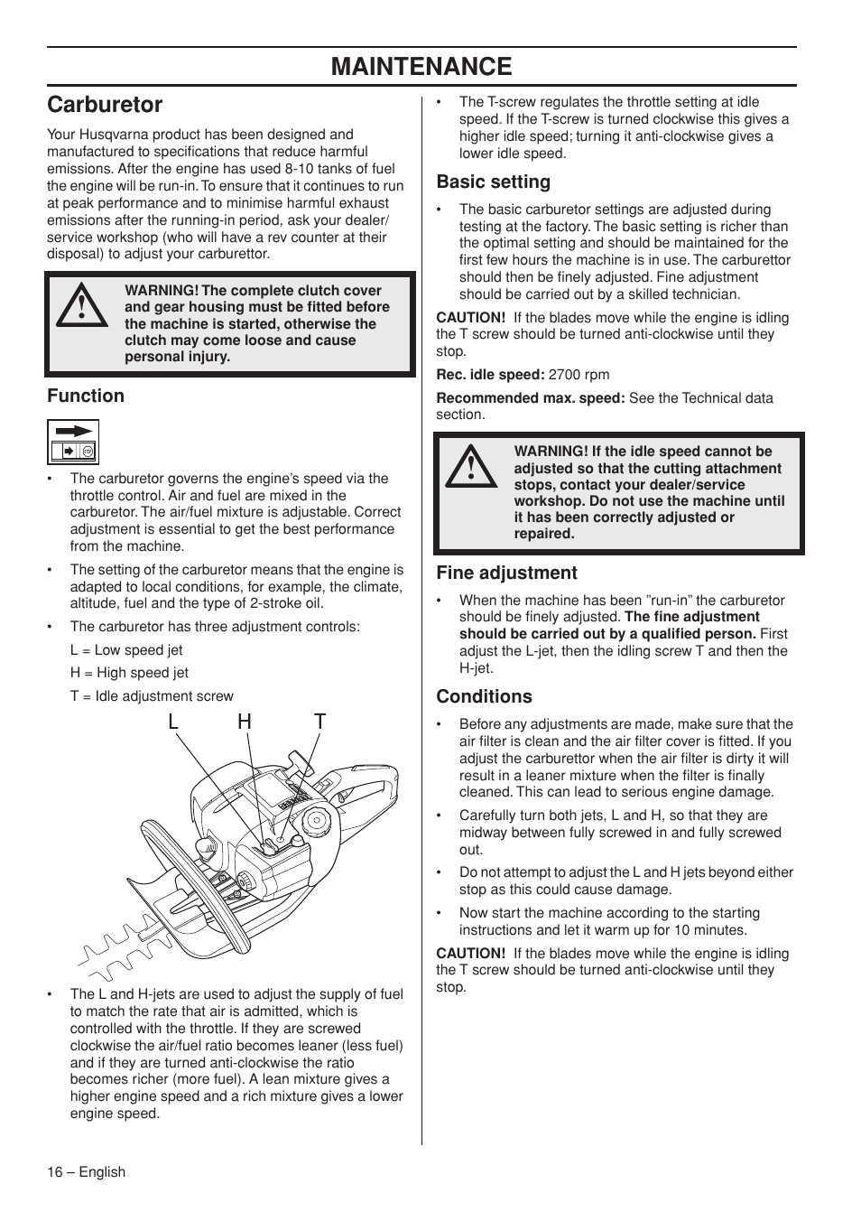 Carburetor, Function, Basic setting | Fine adjustment, Conditions, Maintenance | Husqvarna 326HD60X-Series User Manual | Page 16 / 28