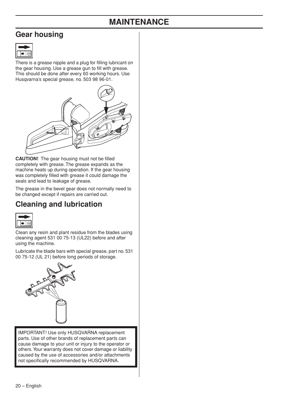 Gear housing, Cleaning and lubrication, Maintenance | Husqvarna 326HD60X-Series User Manual | Page 20 / 28