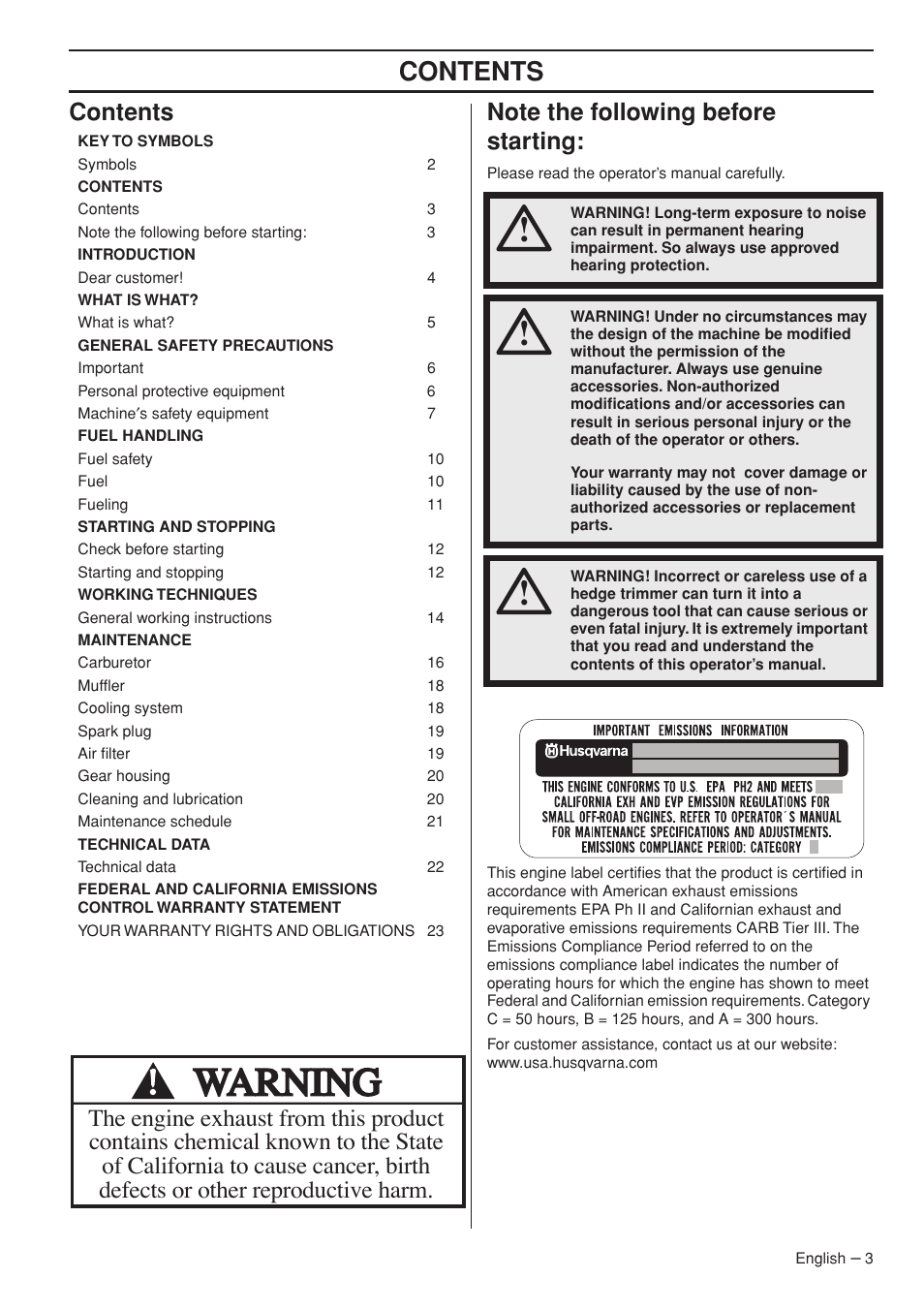 Husqvarna 326HD60X-Series User Manual | Page 3 / 28