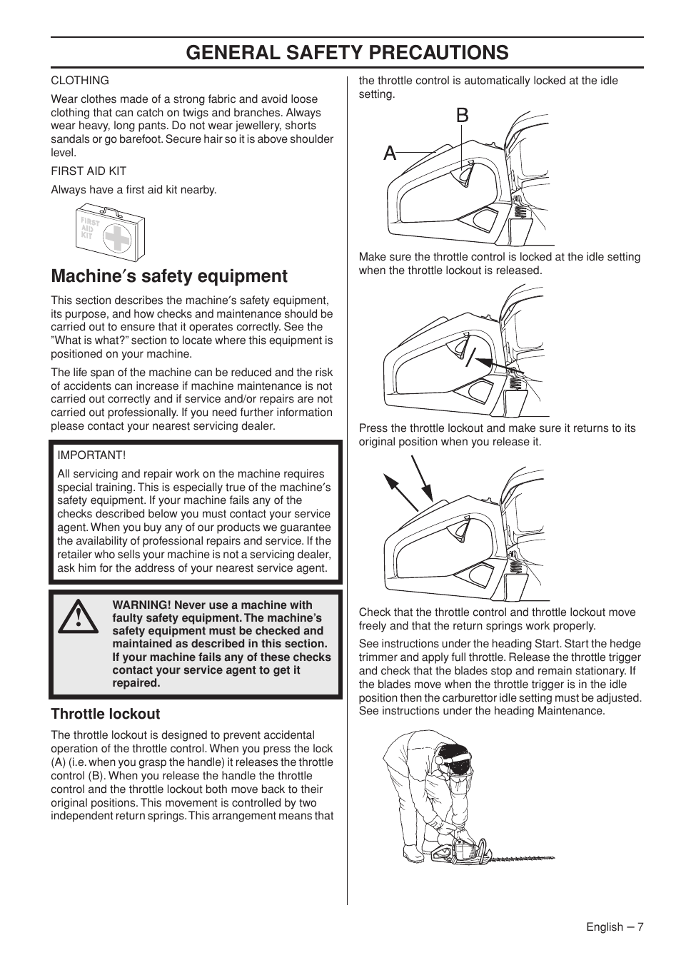 Machine¢s safety equipment, Throttle lockout, General safety preca utions | Mac hine ′ s safety equipment | Husqvarna 326HD60X-Series User Manual | Page 7 / 28