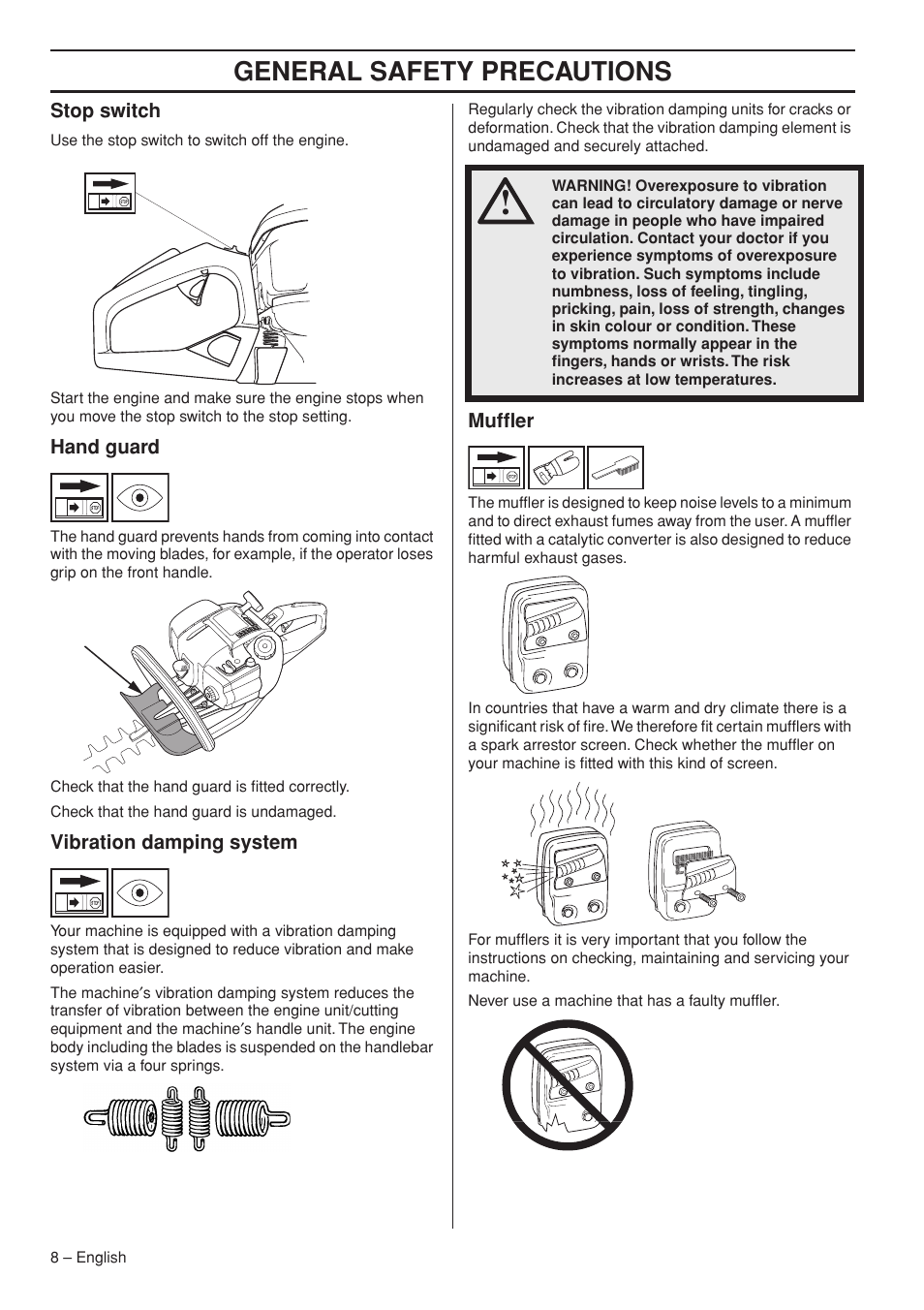 Stop switch, Hand guard, Vibration damping system | Muffler, General safety preca utions | Husqvarna 326HD60X-Series User Manual | Page 8 / 28