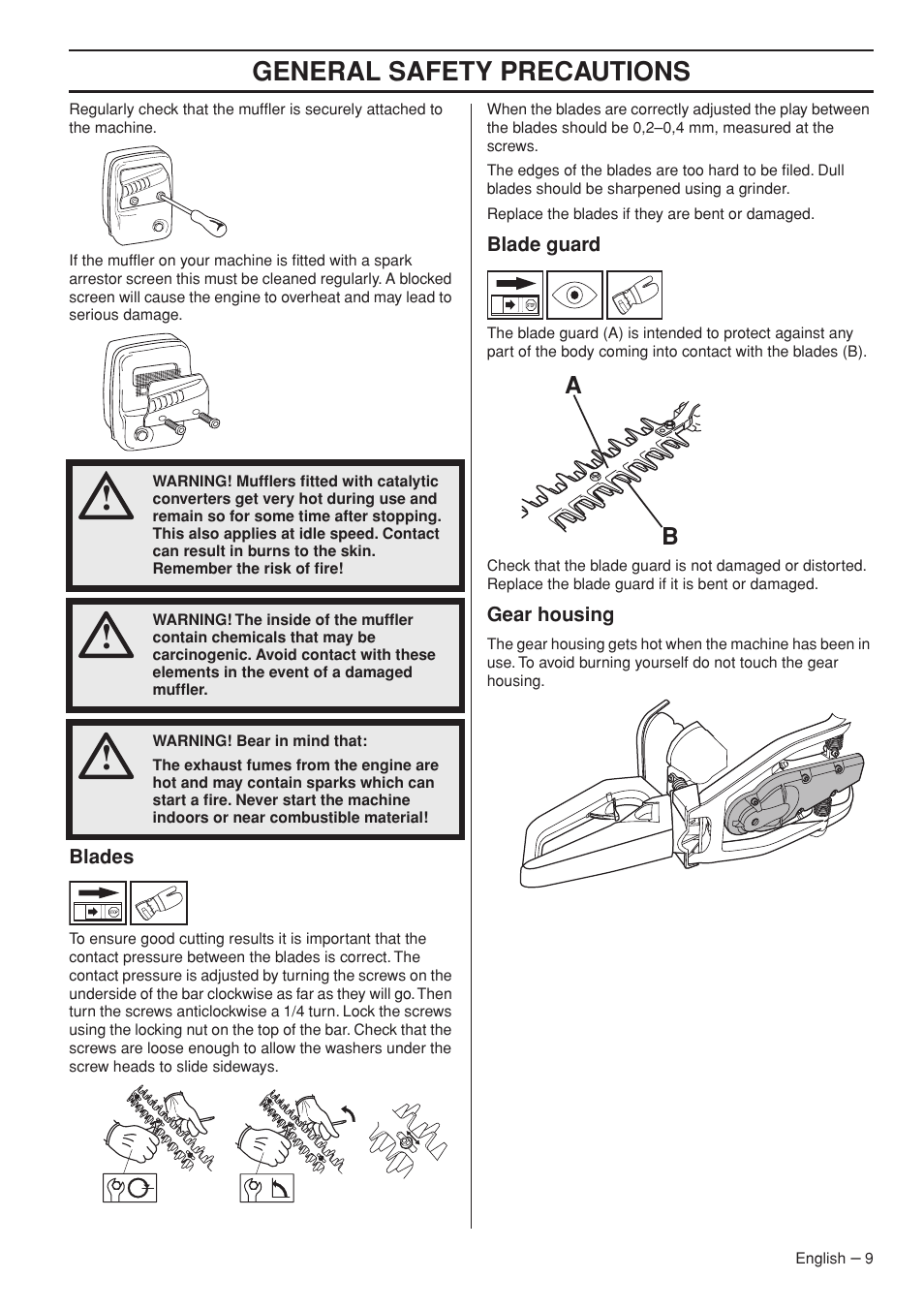 Blades, Blade guard, Gear housing | General safety precautions | Husqvarna 326HD60X-Series User Manual | Page 9 / 28
