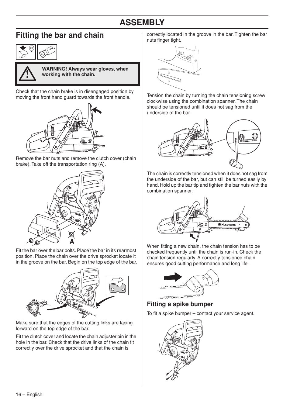 Assembly, Fitting the bar and chain | Husqvarna 576XP AutoTune User Manual | Page 16 / 44