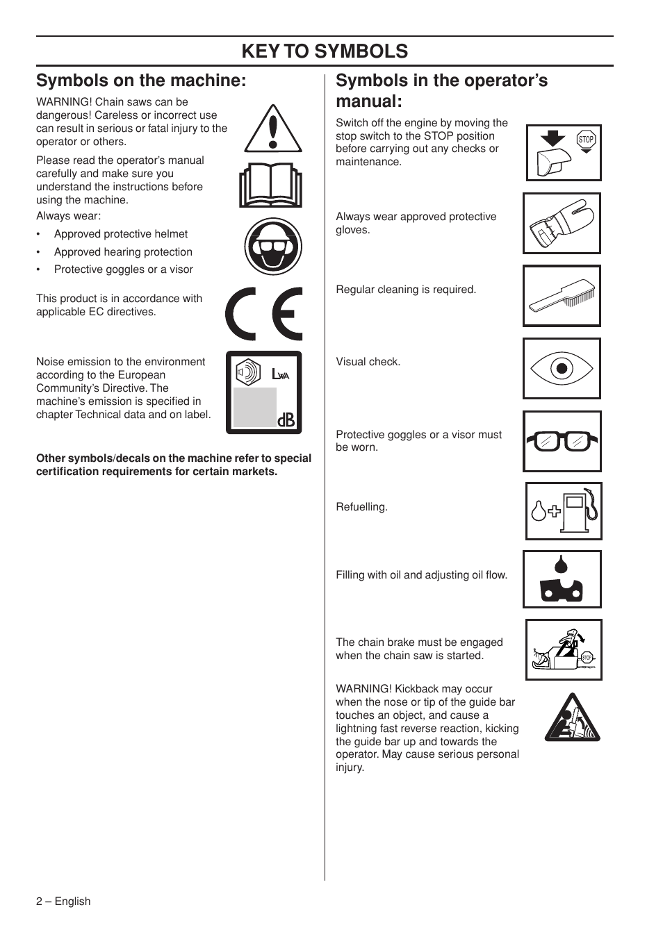 Key to symbols, Symbols on the machine, Symbols in the operator’s manual | Husqvarna 576XP AutoTune User Manual | Page 2 / 44