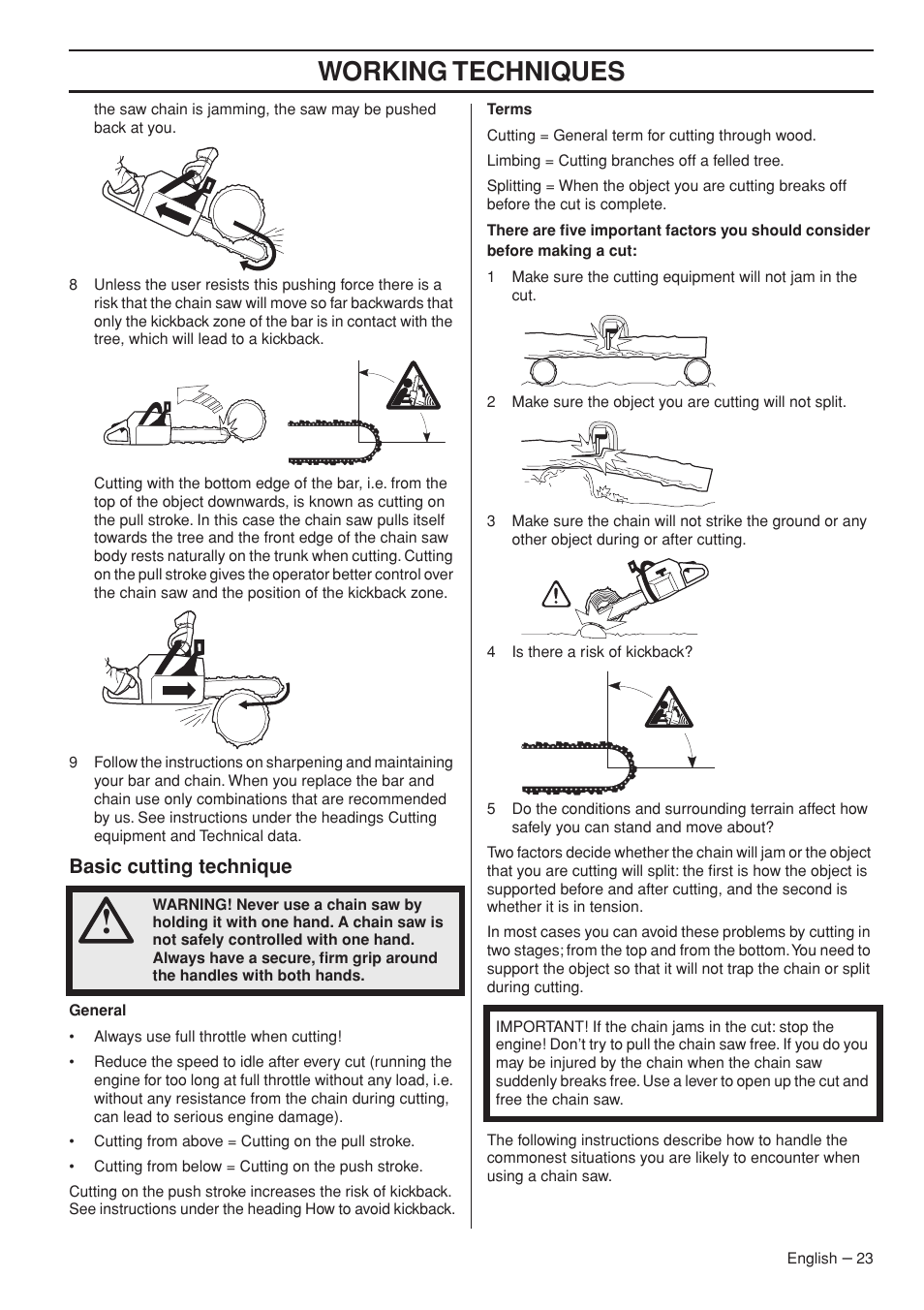 Working techniques, Basic cutting technique | Husqvarna 576XP AutoTune User Manual | Page 23 / 44