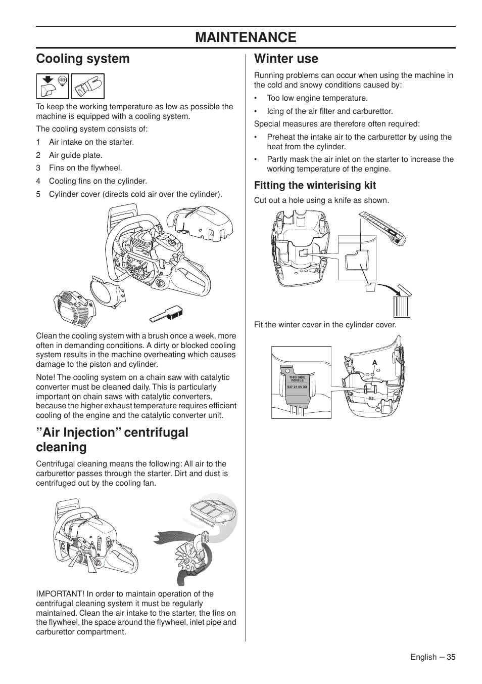 Maintenance, Cooling system, Air injection” centrifugal cleaning | Winter use, Fitting the winterising kit | Husqvarna 576XP AutoTune User Manual | Page 35 / 44