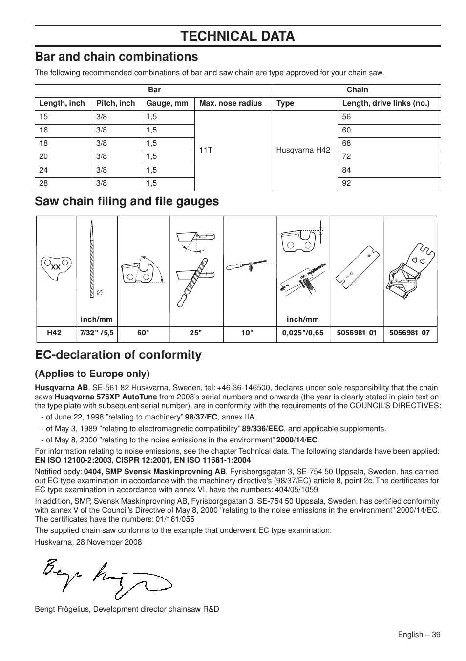 Technical data, Bar and chain combinations, Applies to europe only) | Husqvarna 576XP AutoTune User Manual | Page 39 / 44