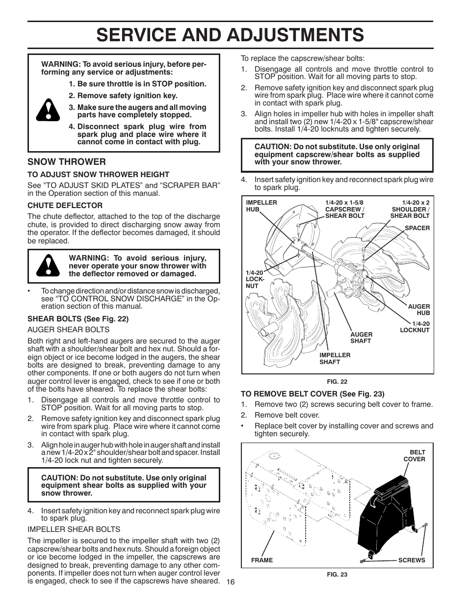 Service & adjustments, Service and adjustments, Snow thrower | Husqvarna 924SB-XLS User Manual | Page 16 / 40