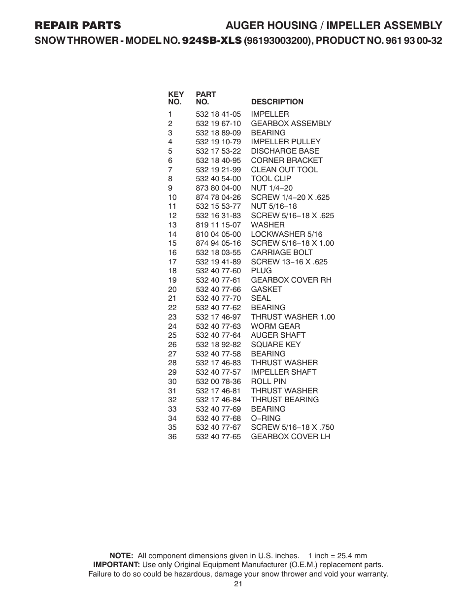 Repair parts auger housing / impeller assembly | Husqvarna 924SB-XLS User Manual | Page 21 / 40