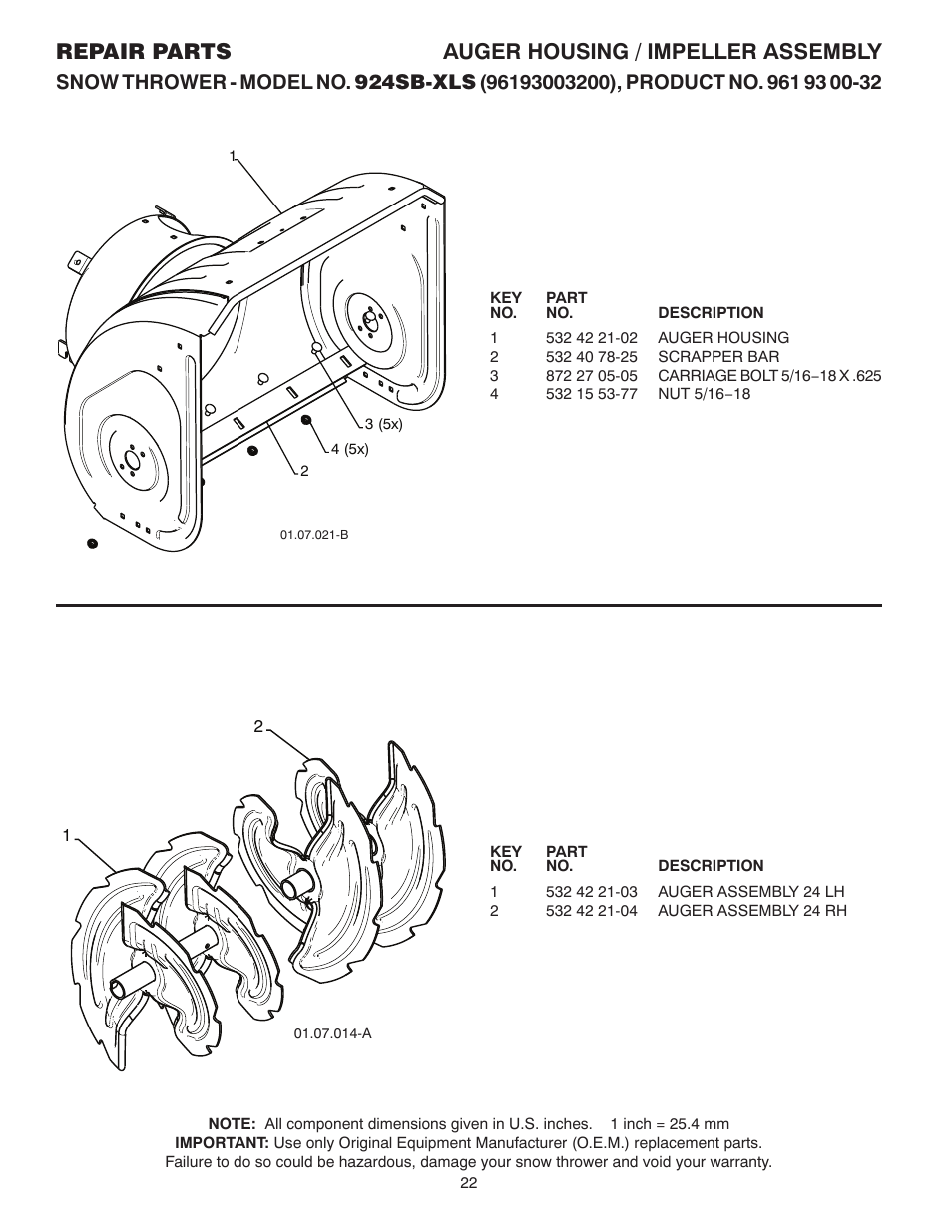 Auger housing, Auger, Repair parts auger housing / impeller assembly | Husqvarna 924SB-XLS User Manual | Page 22 / 40