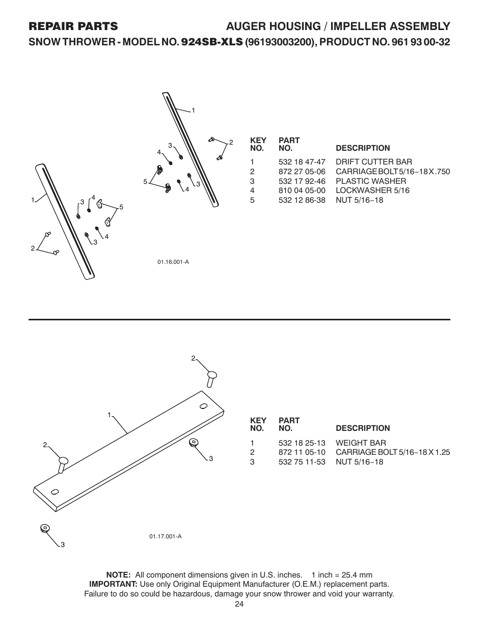 Drift cutters, Weight bar, Repair parts auger housing / impeller assembly | Husqvarna 924SB-XLS User Manual | Page 24 / 40