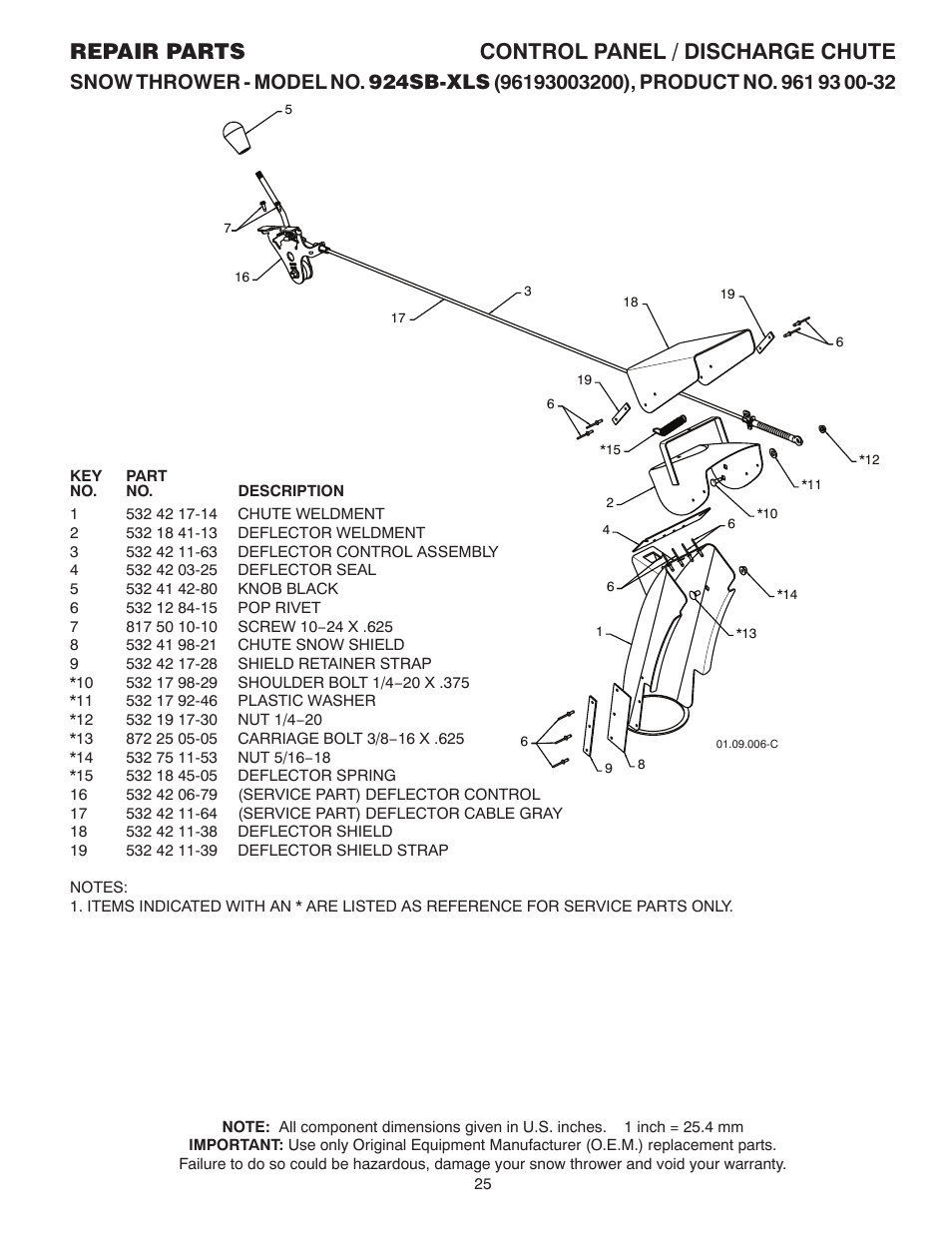 Discharge chute, Repair parts control panel / discharge chute | Husqvarna 924SB-XLS User Manual | Page 25 / 40