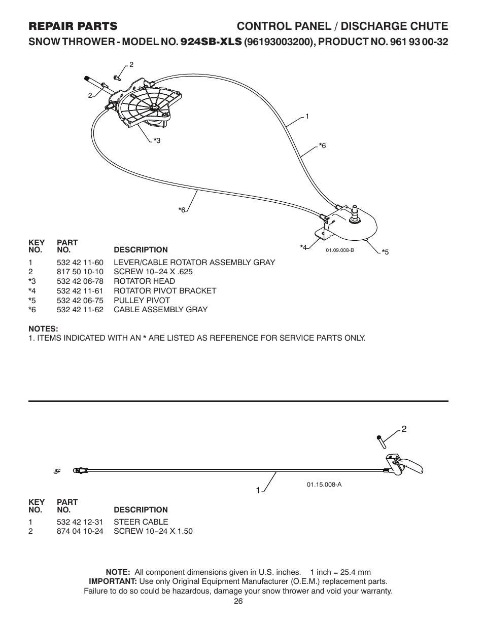 Cable rotator assy, Steering cable, Repair parts control panel / discharge chute | Husqvarna 924SB-XLS User Manual | Page 26 / 40